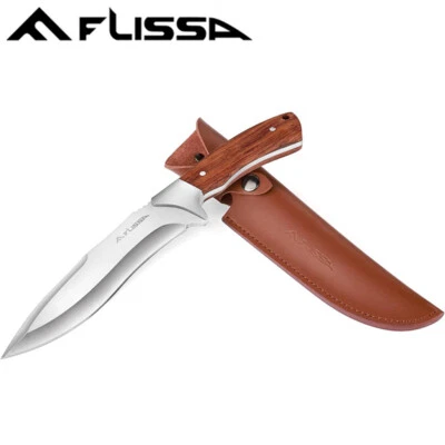 FLISSA 11-5/8" Fixed Blade Full-Tang Hunting Knife Wood Handle  w/Leather Sheath - Image 1 of 4