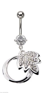 Belly Ring Flower Maple Leaf & Rings w/Clear Gems Dangle Naval Steel - Picture 1 of 3