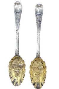 Exceptional Georgian Sterling Silver Repousse 8" Berry Spoons 1777 “Aye Forward” - Picture 1 of 7