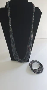 Kenyan Handmade Womens Beaded Necklace & Coil Bracelet Set African Jewelry Gray - Picture 1 of 3