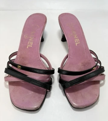 Chanel Mules Pink & Black Kitten Heel Gold CC Logo Strappy Y2K Size EU 36 6 - Image 1 of 4