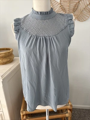 Lily White Blouse Sleeveless Shirt Tank Top Blue Crochet Ruffle Mock Neck Medium - Image 1 of 4