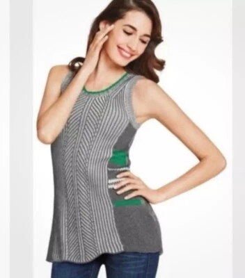 Suéter sin mangas Cabi Top para mujer gris medio verde marfil tejido algodón acanalado largo Foto 1 de 4