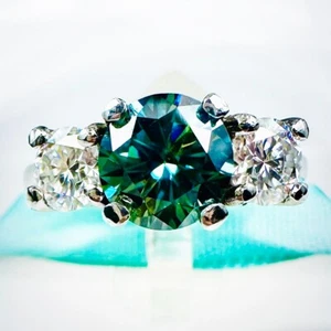 1.5Carat Greenish Blue & White Moissanite 3Stone Engagement Ring, Total 2.5Carat - Picture 1 of 5