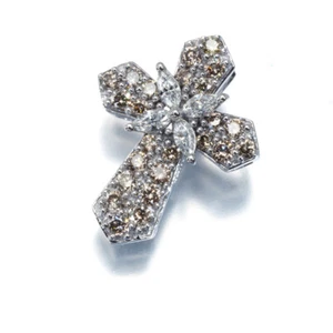 Brown&Clear Diamond 0.40ct Cross Pendant 18K 750 White Gold - Picture 1 of 4