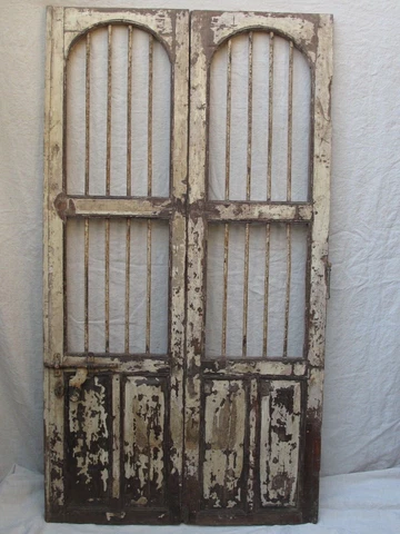 Antique Pair of Painted Double Doors w/ Iron Window Rods 71" X 39" X 1 5/8" Cover