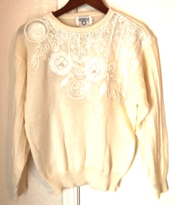 Cervelle Womens Vintage Sweater Ivory Floral Embellished Pearl Accents Knit M - Image 1 of 4