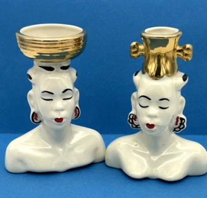Paar Mid Century Nubische Afrikanische Keramik Kopf Vasen Weiß mit Gold Retro 50er MCM - Bild 1 von 14