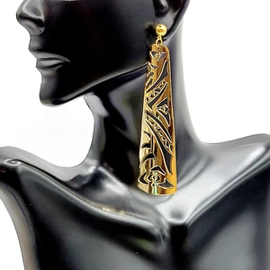 Long Filigree Die Cut Geometric Art Design Statement Gold Tone Pierced Earrings - Picture 1 of 24
