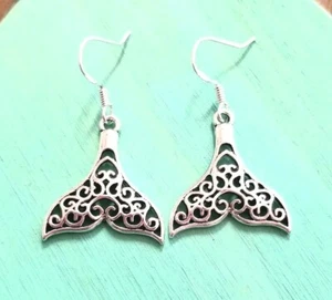 Sterling Silver Whale Tail Earrings, Whale Dangle Earrings, Ocean Beach Jewelry - Picture 1 of 4