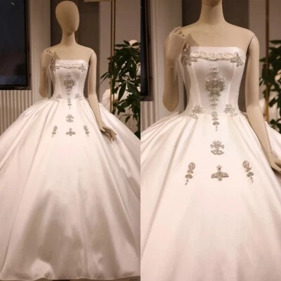 Strapless Satin White Ivory Wedding Dresses Beaded A Line Boho Bridal Gowns - Image 1 of 4