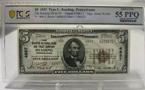 1929 READING, PA $5 Reading National Bank and Trust Company TYPE 2 PCGS 55 PPQ - Picture 1 of 2