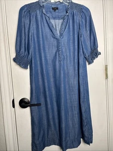 Talbots Petites Dress Medium Denim Blue V Neck Ruffled Country Shift Soft EUC - Picture 1 of 14