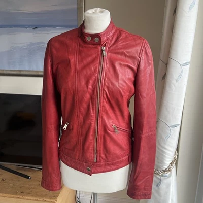 Massimo Dutti Red Buttery Soft Leather Biker Style Zip Jacket Size M (Fits 10) - Image 1 of 4