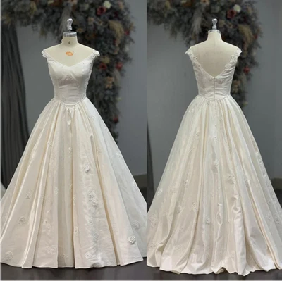 Vintage Wedding Dresses 1950s Satin Ivory 3D Flowers V Neck 60s Bridal Gowns - Image 1 of 4