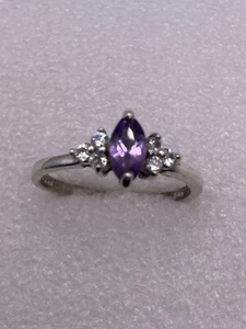 Sterling Silver Marquise Cut 6x4mm Amethyst & Cubic 925 Designer Ring Size 9.75 - Picture 1 of 7