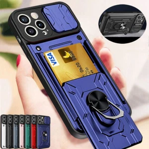 Shockproof Armor Ring Stand Card Holder Lens Slide Case Cover For Various Phone - Picture 1 of 18