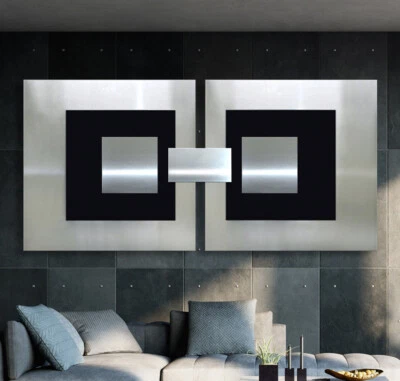 Originale Astratto Metallo Immagine Moderno Arte Pezzo Unico Nero Argento Grigio - Immagine 1 di 4