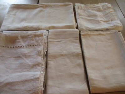 Lot N°14 de 5 nappes anciennes en fil de lin usées trouées rapiécées état moyen - Photo 1/4