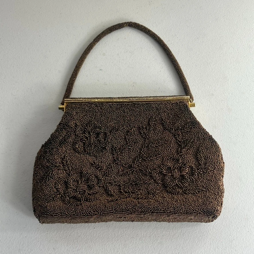 Bolso de Noche Vintage Marrón Bolso con Cuentas Forrado Hong Kong Cierre Festoneado Foto 1 de 4