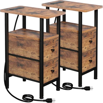 Set of 2 Narrow End Tables with Charging Station SlimSide Nightstand for Bedroom - Image 1 of 4