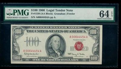 AC 1966 $100 Legal Tender PMG 64 EPQ Fr 1550 - Image 1 of 2