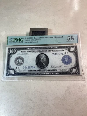 1914 $100 federal reserve note Cleveland, Ohio PMG AU 58 BRIGHT WHITE - Image 1 of 4