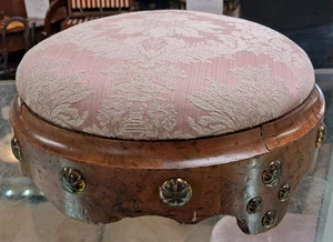 Vintage Walnut Footstool with Dusky Pink Damask Fabric & Brass Bumpers - Picture 1 of 7