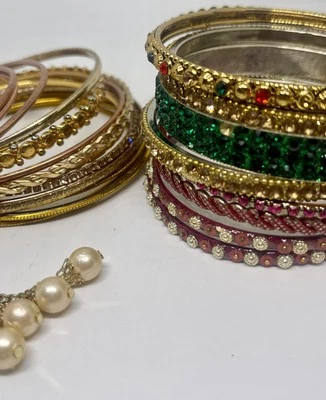 22 Messy Bangles Indian Wedding Boho Mixed Metal Materials Gold Tone Rhinestone - Image 1 of 4
