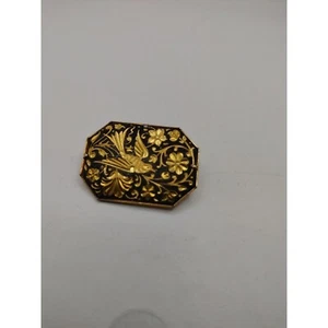 Bird & Floral Damascene Gold Tone Pin Brooch - Picture 1 of 8