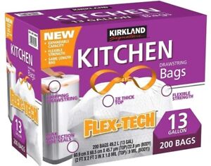2 bolsas de basura de cocina Kirkland Signature Flex-Tech 13 galones 200 quilates, total 400 quilates