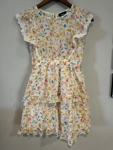 By & By Girl Lace Trim Floral Tiered Dress 12 Spring Lined Neutral - Picture 1 of 5