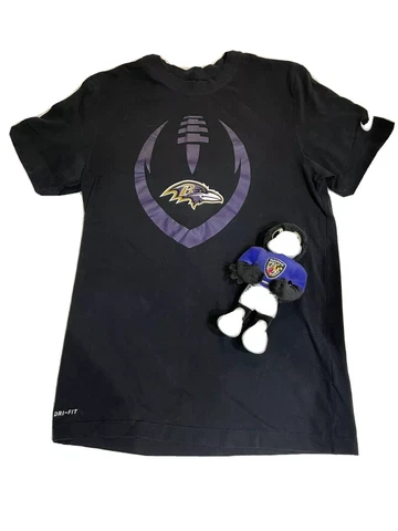 LN BALTIMORE RAVENS NIKE DRI-FIT T-SHIRT SHIRT BLACK SMALL + PLUSH MASCOT Cover