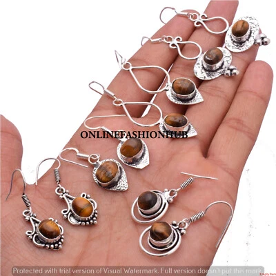 Lote de pendientes de gancho de mujer al por mayor enchapados en plata de ley 925 con piedras preciosas ojo de tigre Foto 1 de 3
