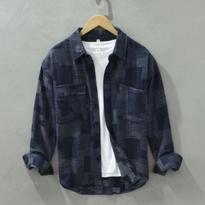 Men's Retro Plaid Patchwork Japanese Boro Sashiko Wabash Stripe L/S Denim Shirt - Picture 1 of 17