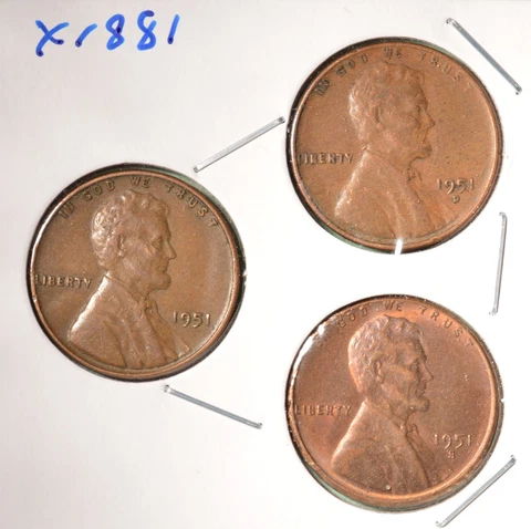 1951-P + 1951-D + 1951-S - USA Lincoln Wheat Cent Set - INV# X-1881   🇺🇸 Cover