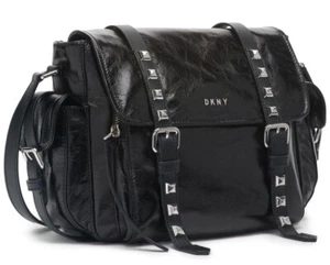 DKNY Womens Naomi Leather Messenger Bag Studded Moto Punk Rock Black $298 - Picture 1 of 20