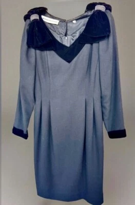 Nipon бутик винтажный черный шерсти платье бархата плеча банты со стразами акцент 8 - Изображение 1 из 4