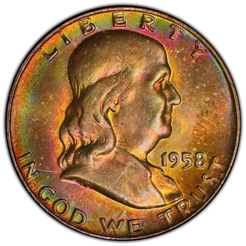 Rainbow Toned 1958-D Franklin Half Dollar PCGS MS66 Toning Colors Cover