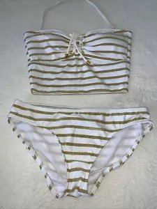 Ralph Lauren Swimwear Bikini Set Size 6 Gold White Bandeau Midkini Resort - Picture 1 of 8