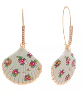 Betsey Johnson Flowered Pink & White Sea Shell Drop Earrings Glass Accents w/GB - Picture 1 of 2