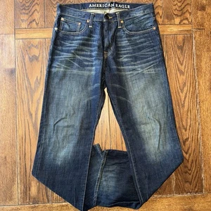 American Eagle Jeans Mens Size 34x34 Bootcut Dark Wash Blue Distressed - Picture 1 of 11