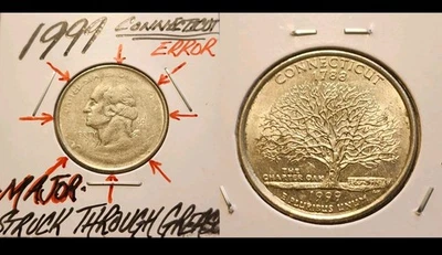 MAJOR "STRUCK THROUGH GREASE" 1999 CONNECTICUT STATE QUARTER ERROR!! - Image 1 of 4