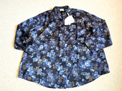 NWT  Womens Top-ELIE.  TAHARI-navy/blue dark floral silky flowy button-up ls-2X - Image 1 of 4
