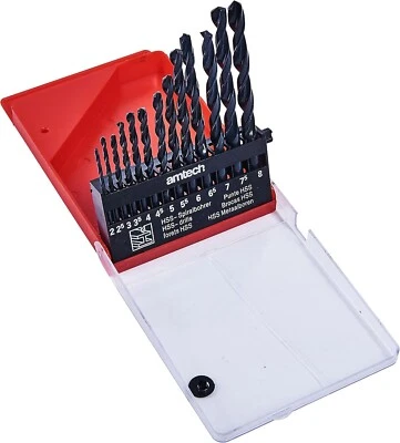 Amtech 13pc Drill Bit Set Kit Wood Metal Plastic HSS High Speed Steel Case Box