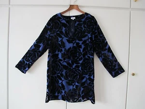 EAST SILK VELVET DEVORE BLACK & ROYAL BLUE SHIRT PARTY TOP BLOUSE UK SIZE 12. - Picture 1 of 9