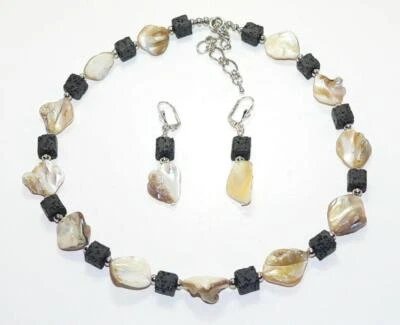 2er Schmuckset Würfel Lava schwarz, beige creme Perlmutt  Muschel Nugetts  296a - Bild 1 von 4