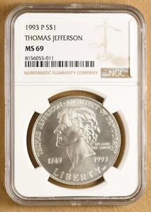 1993 P Thomas Jefferson Commemorative Silver Dollar NGC MS69 - Picture 1 of 2