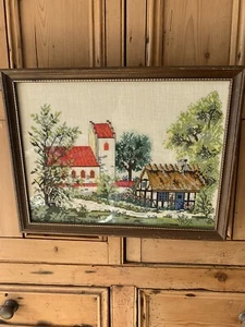 Charming Hand Made Needle Point Picture Of An Early Cottage And Church 17” X 13” - Picture 1 of 3