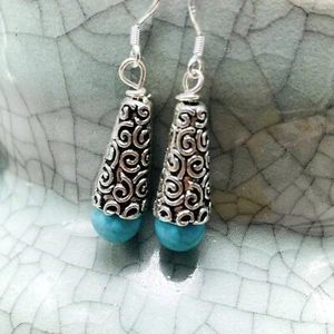 Turquoise Howlite Bali Silver earrings - Picture 1 of 5